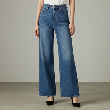 شلوار جین زنانه واید لگ آبی با استایل کژوال و کفش پاشنه بلند، تصویر افقی