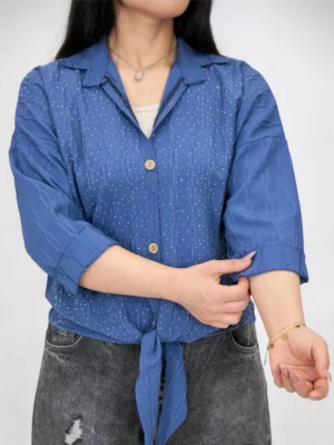 شومیز گره ای نگین دار 10323 آبی نفتی