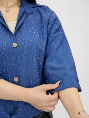 شومیز گره ای نگین دار 10323 آستین آبی نفتی
