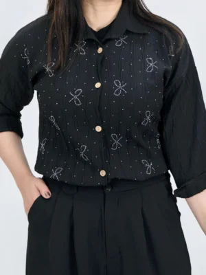 شومیز پاپیونی حریر پفکی سنگدوزی 10325