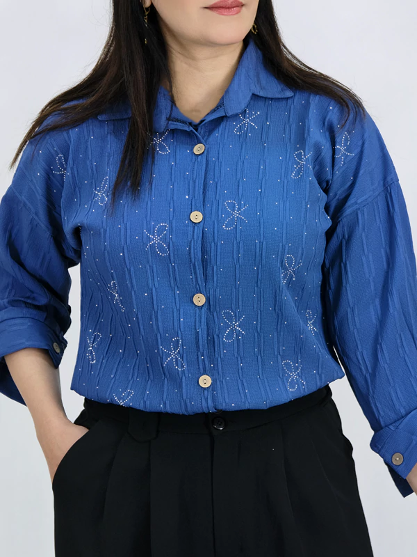 شومیز پاپیونی حریر 10325 آبی نفتی