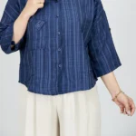 شومیز کوتاه راه راه نخی مدل 10332 سرمه ای