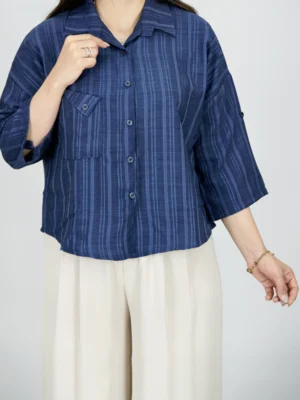 شومیز کوتاه راه راه نخی مدل 10332 سرمه ای