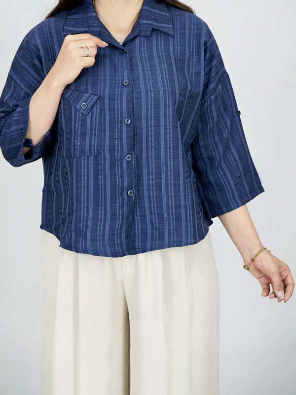 شومیز کوتاه راه راه نخی مدل 10332 سرمه ای