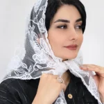 نمای بغل روسری اسکارف مینی دانتل گل دار 3071.1 رنگ سفید