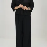 نمای کامل شومیز کوتاه راه راه نخی 10332 رنگ مشکی