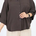 نمای کامل شومیز زنانه ساده پیراهنی کرپ میله مدل 10491 رنگ قهوه ای