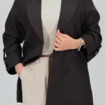 نمای کامل کت یقه دلبری گابردین کج راه مدل 10504 رنگ قهوه ای
