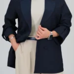 نمای کامل کت یقه دلبری گابردین کج راه مدل 10504 رنگ سرمه ای